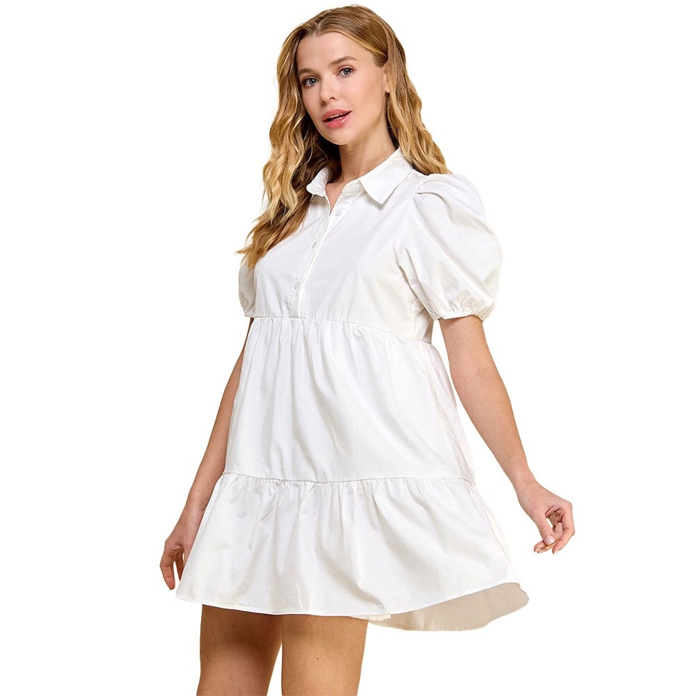 TCEC White Mini Sundress with Ruffled Skirt and Puff Sleeves